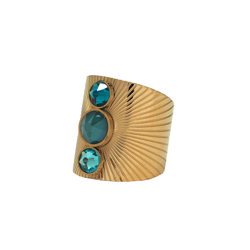 Bague Paloma dorée ornée de 3 cristaux de Swarovski©: Royal Green, Blue Zircon et Light Turquoise