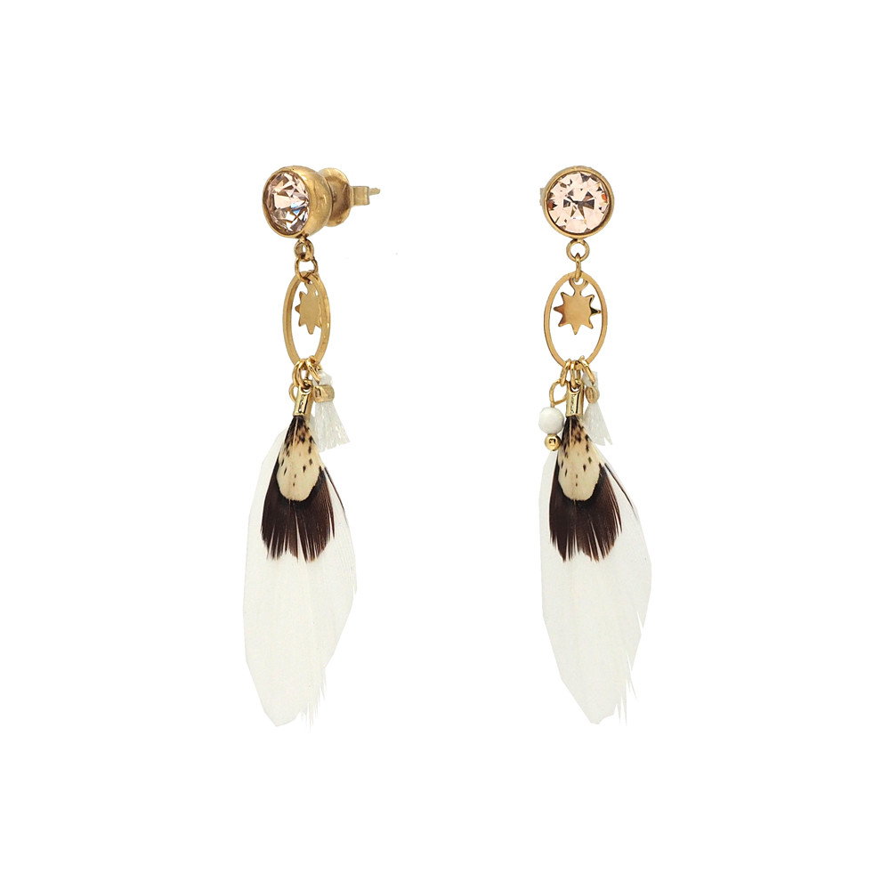 Boucles d'oreilles dorées plume naturelle blanche et cristal de Swarovski© Silk