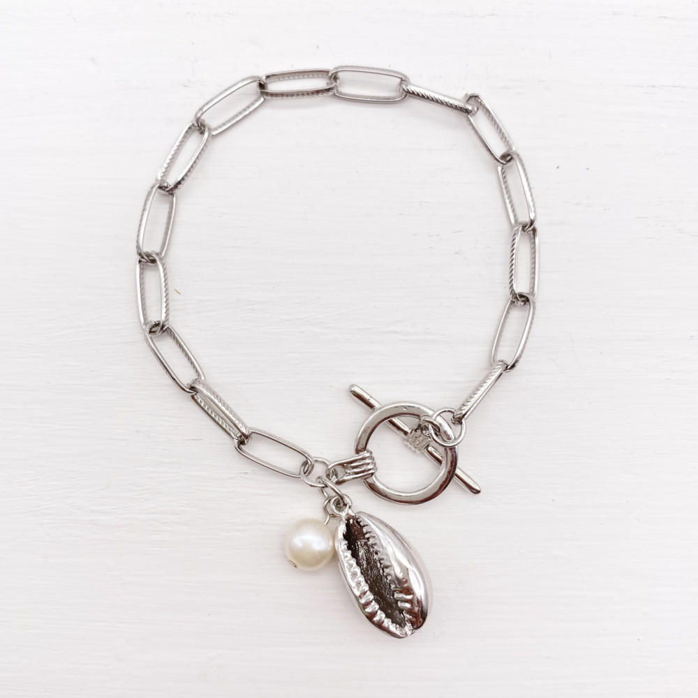 Bracelet chaine en argent coquillage cauri et perle d'eau douce