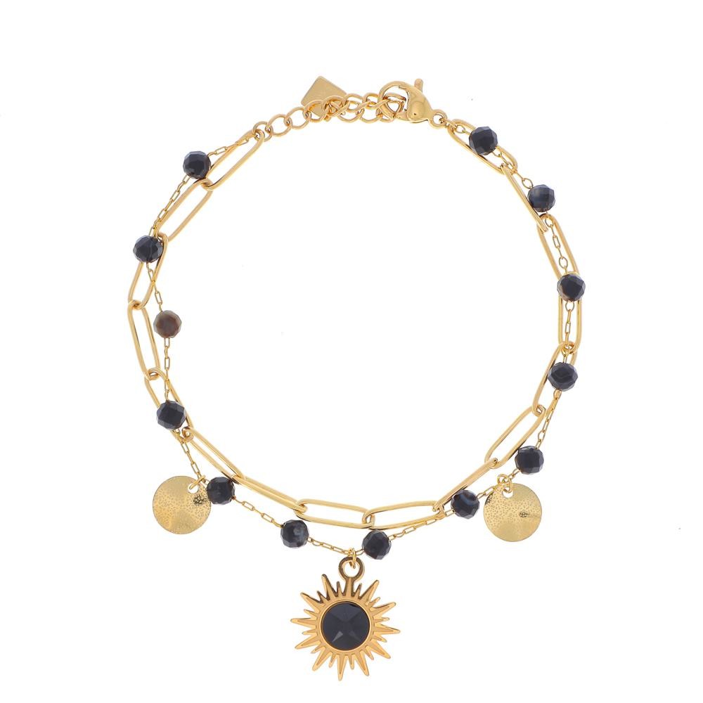 Bracelet Siloé doré, agate noire et cristal de Swarovski noir
