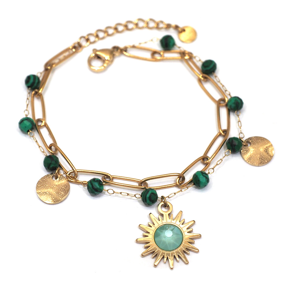 Bracelet Siloé doré, malachite et cristal de Swarovski vert menthe